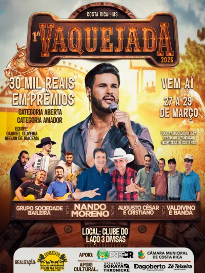 Imagem da notícia Costa Rica recebe 1ª Vaquejada de Mato Grosso do Sul com shows e premiação de R$ 30 mil